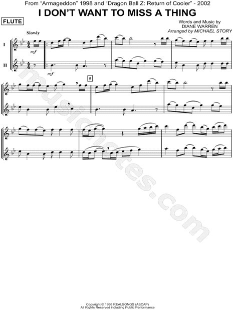 Aerosmith I Don T Want To Miss A Thing Flute Duet Sheet Music In Bb