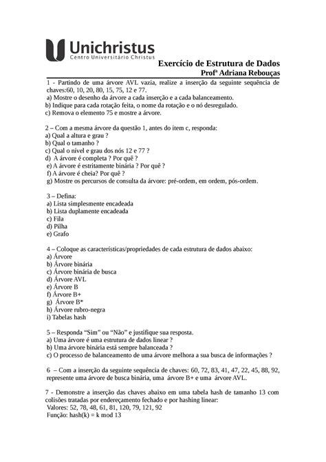 Exerc rev NP3 Exercício de Estrutura de Dados Profª Adriana Rebouças