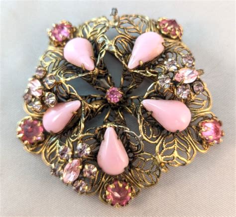 Vintage Signed Schreiner New York Pink Rhinestone Milk Glass Brooch