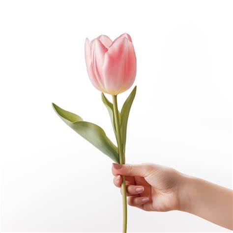 Premium Photo Female Hand Holding A Tulip On White Background