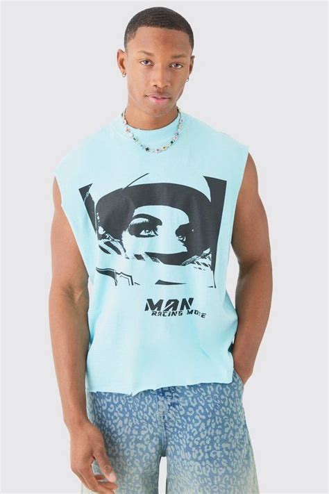 Oversized Extended Neck Drop Shoulder Racer Graphic Tank Boohooman Uk