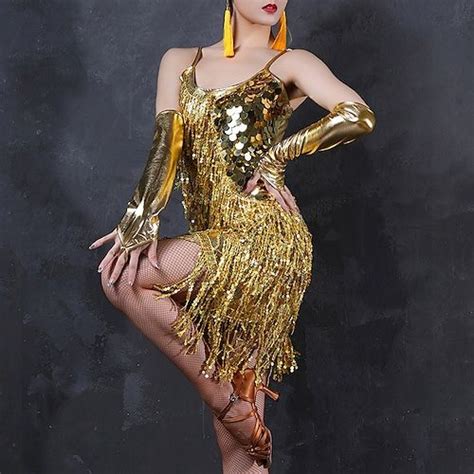 Latin Dance Exotic Dancewear Dress Glitter Tassel Ruching Women S