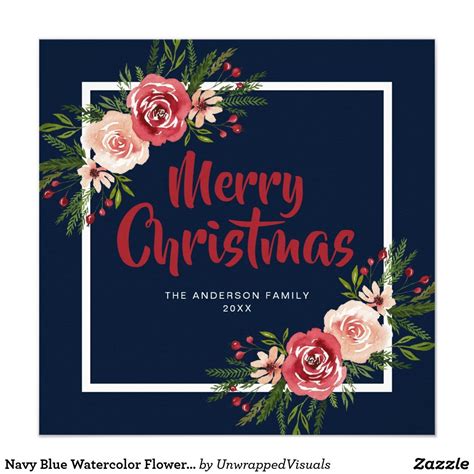 Navy Blue Watercolor Flowers Christmas Card Zazzle Christmas Thank