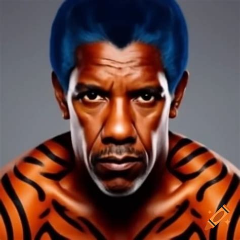 Muscular Man With Tiger Style Makeup Featuring Blue Hair And Black