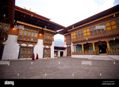 Interior Decorated Courtyard And Architectural Details Of Punakha Dzong