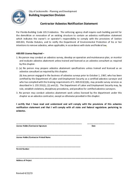 Fillable Online Contractor Asbestos Notification Statement Building