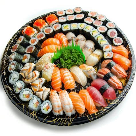 A Beautifully Arranged Sushi Platter With Various Types Of Sushi Rolls