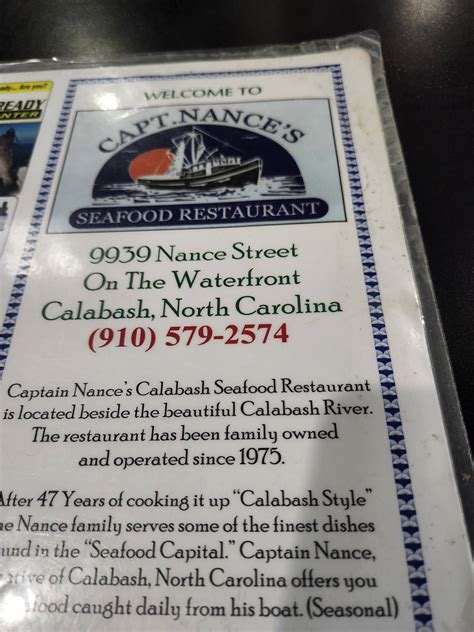 Menu At Captain Nance S Seafood Restaurant Calabash