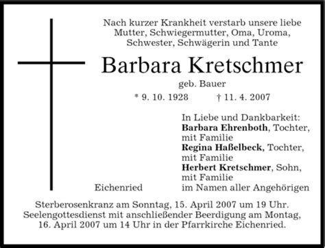 Traueranzeigen Von Barbara Kretschmer Trauer Merkur De