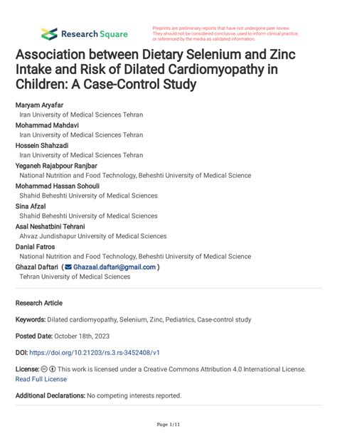 Pdf Association Between Dietary Selenium And Zinc Intake And Risk Of