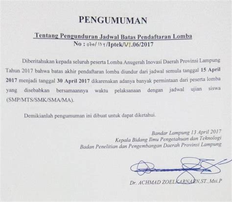 Pengumuman Pengunduran Jadwal Batas Pendaftaran Lomba Balitbangda