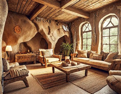 Neolithic Style Living Room Interior With Primitive Furniture And Cave