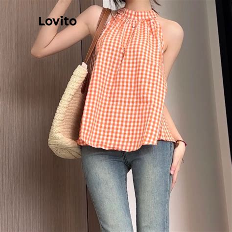 Lovito Casual Gingham Ruched Tank Top For Women LNE20166 Orange