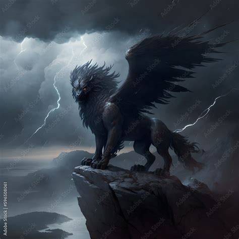 Large Black Griffin Mythological Beast Standing On Cliff Edge