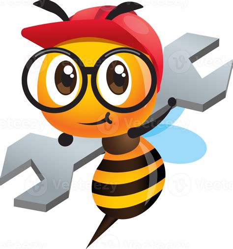 Cartoon Cute Worker Bee Wearing Safety Helmet And Eye Glasses While