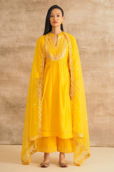 Buy Yellow Silk Chanderi Embroidered Mirror Work V Neck Yoke Kurta Set