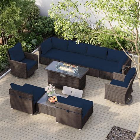 UPHA 10-Piece Brown Wicker Patio Fire Pit Conversation Set with Swivel ...