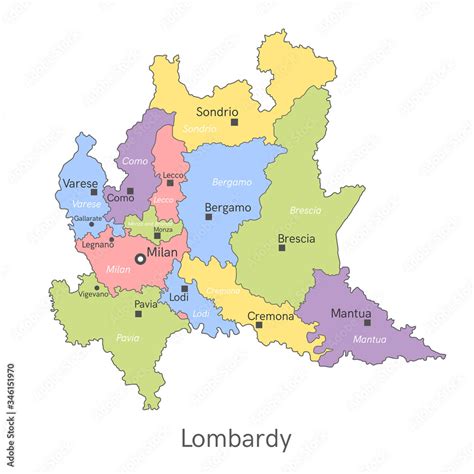 Vector Illustration Administrative Map Of Lombardy With The Names Of