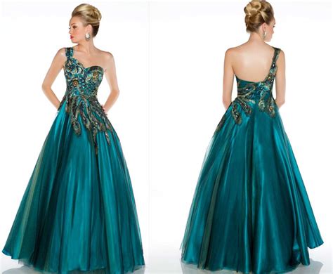 One Shoulder Prom Dresses 2015 Pleated Peacock Feather One Shoulder