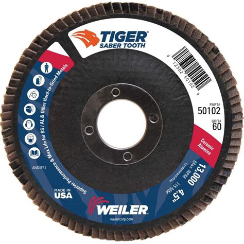 Weiler Flap Disc 4 1 2 Dia 7 8 Hole 60 Grit Ceramic Alumina