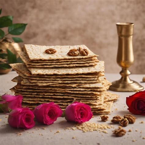 Passover Celebration Concept Matzah Red Kosher Walnut And Spring