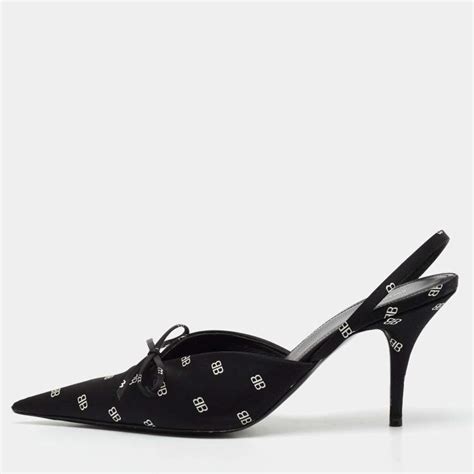 Balenciaga Black Logo Print Satin Knife Slingback Pumps Size