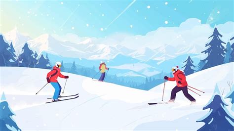 Premium Vector A Cartoon Of Skiers Skiing In The Snow