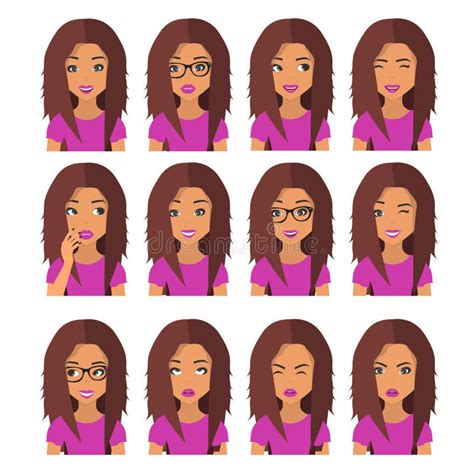 Woman With Chestnut Hair And Emotions User Icons Avatar Vector