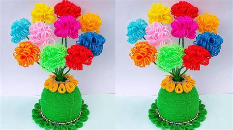 ऊन से गुलदस्ता बनाने का आसान तरीका Diy Easy Woolen Flower Craft Plastic Bottle Vase Craft