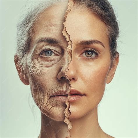 Young and old woman face split in half by a crack representing aging