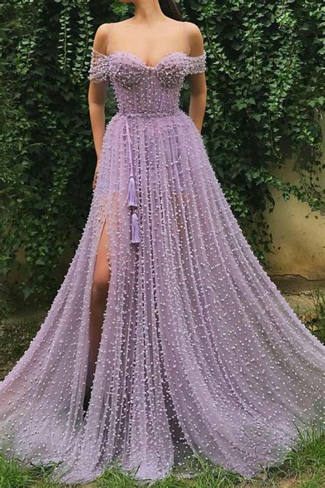 Beautiful Lavender Modest Tulle Pearl Spaghetti Straps Prom Dress With