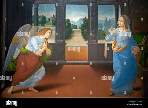 La Anunciación El ángel Gabriel Y María Fresco Galería Uffizi Florencia Italia Fotografía De