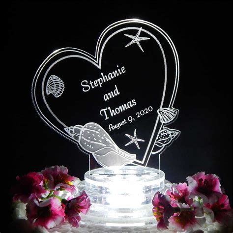 Personalized Seashell Beach Heart Lighted Acrylic Led Wedding Cake Top Finesselaserdesigns