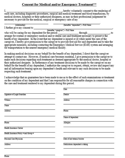 Caregiver Consent Form For Medical Treatment 3 Printable Samples