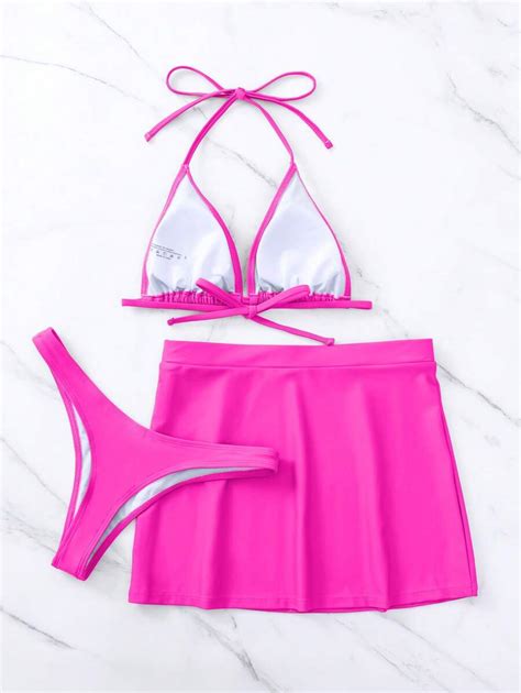 Halter Triangle Bikini Set With Beach Skirt Shein Usa