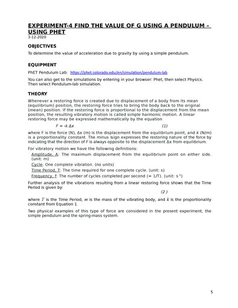 OL 10 Finding G By Using A Pendulum Ph ET Simulation 1 EXPERIMENT