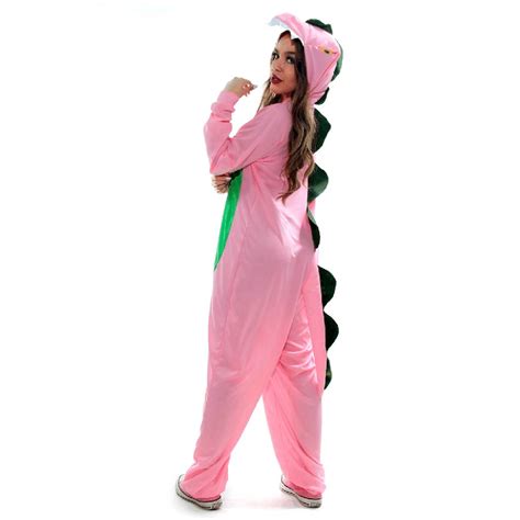 Fantasia Dinossauro Kigurumi Rosa Adulto Capuz