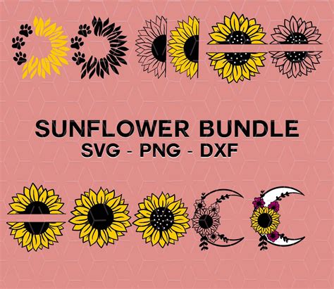 Sunflower Svg Bundle Sunflower Svg Flower Svg Monogram Svg Half Sunflower Svg Cut File