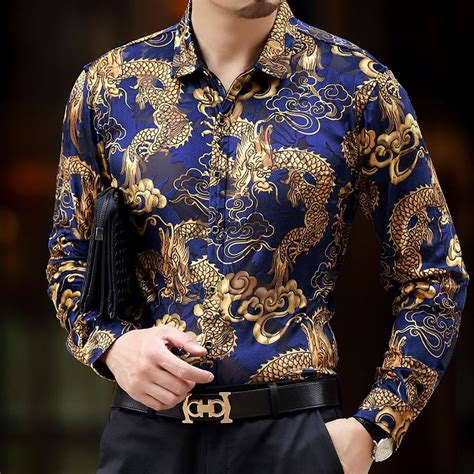 Baroque Silk Shirts Mens Dragon Dress Shirts Mens Club Outfits Black