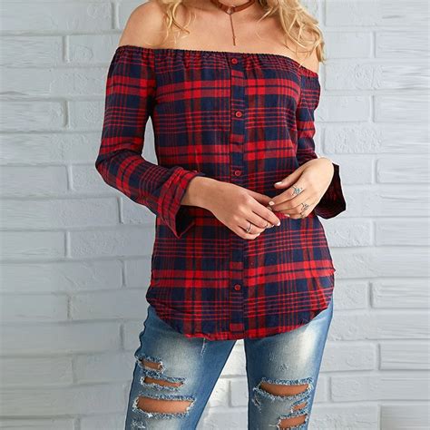 Women Plaid Shirt Sexy Off Shoulder Long Sleeve Tops Shirt Slash Neck