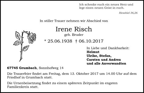 Traueranzeigen Von Irene Risch Rz Trauerde