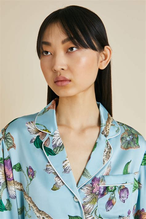 Lila Ceres Blue Floral Pajamas In Silk Satin Olivia Von Halle