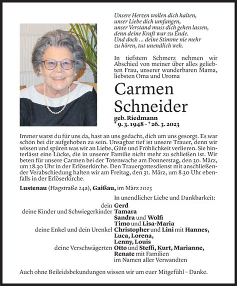 Todesanzeigen Von Carmen Schneider Todesanzeigen Vorarlberger Nachrichten