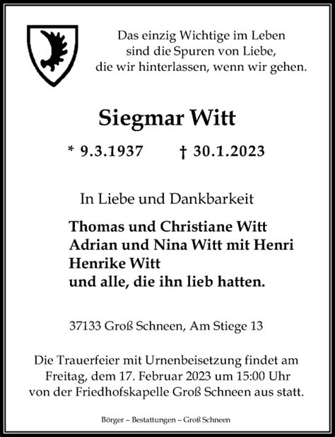 Traueranzeigen Von Siegmar Witt Trauer Anzeigen De