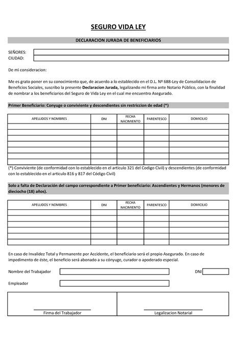 Ficha N 8 - Formato Seguro VIDA LEY - SEÑORES: CIUDAD: De mi