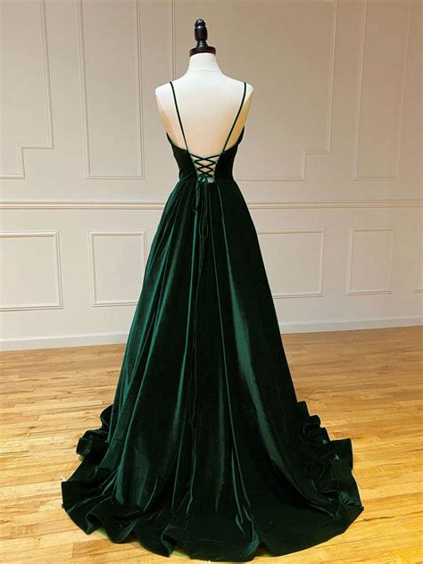 A Line V Neck Velvet Green Long Prom Dresses Green Velvet Formal Dres