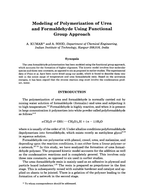 Pdf Modeling Of Polymerization Of Urea And Formaldehyde Using