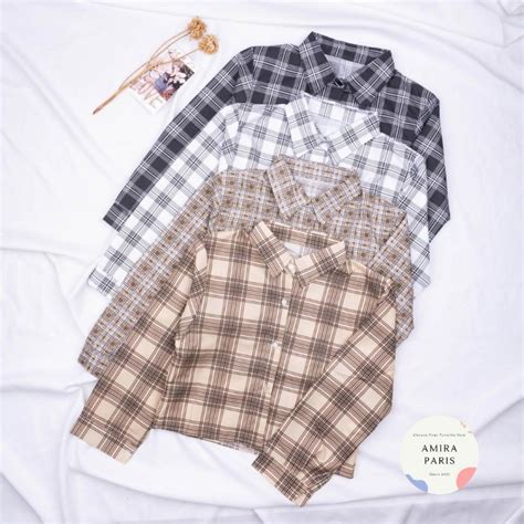 Jual Kemeja Tartan Crop Kemeja Korea Crop Top Kemeja Korea Cod