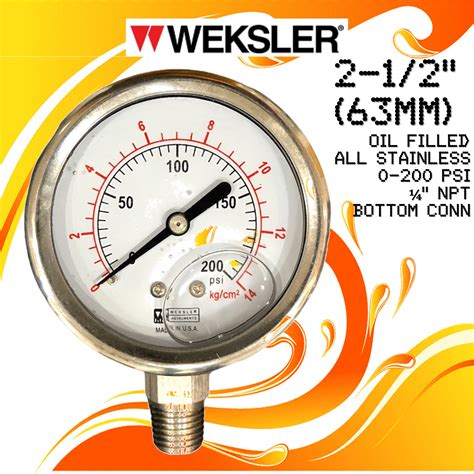 2 1 2 0 200 PSI Pressure Gauge Oil Filled All Stainless Steel 1 4