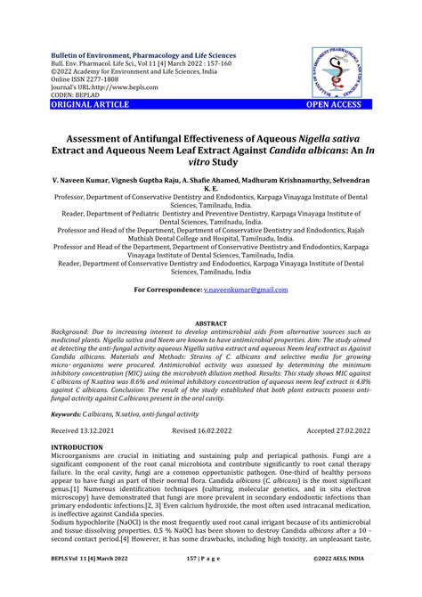 PDF Assessment Of Antifungal Effectiveness Of Aqueous Nigella Sativa